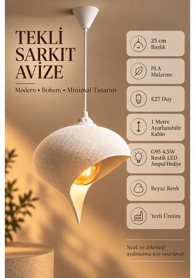 Beton Görünümlü Tekli Sarkıt Avize Asimetrik Damla Modern Bohem E27 G95 Rustik Led Ampul Hediyeli Beyaz