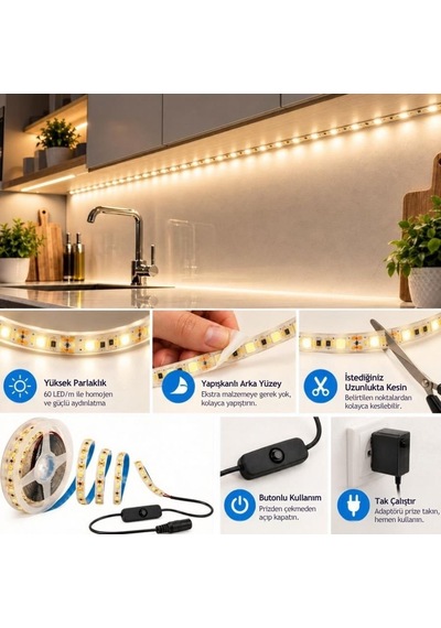 Şerit Led 5 Metre Mutfak Dolabı Tezgah Altı Aydınlatma Adaptörlü Butonlu Tak Çalıştır Sb-6556 Gün Işığı