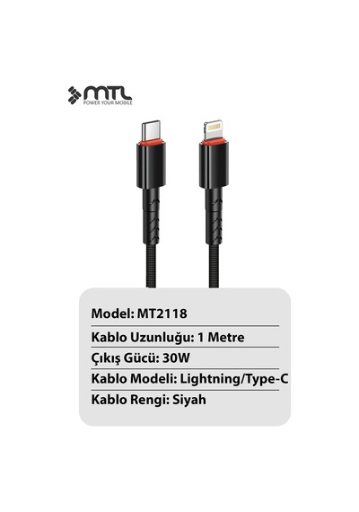 30w Pd Type-c To Lightning Örgülü Hızlı Şarj Ve Data Kablosu 1 Metre Siyah Mt2118