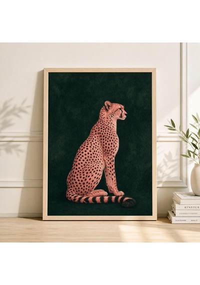Minimalist Çita Sanat Baskısı Mercan Ve Zümrüt Yeşili Modern Vahşi Yaşam Dekorasyonu