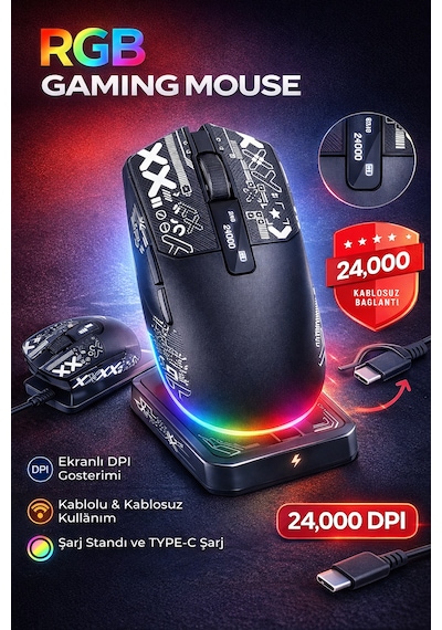 24000 Dpı Rgb Gaming Mouse Kablosuz + Bluetooth + Kablolu Lcd Ekranlı Şarj Standlı Profesyonel Oyuncu Mouse X-ks2n