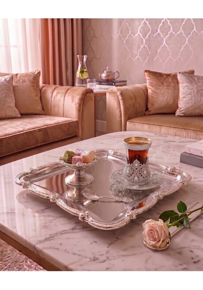 Yumeo Luna Kare Aynalı Gümüş Sunum Tepsisi - Söz, Nişan, Damat Kahvesi & Kız İsteme Tepsisi