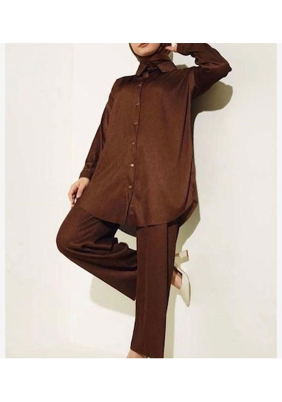 Lovie Moda Kadın Saten Görünümlü Fitilli İkili Takım Kahverengi