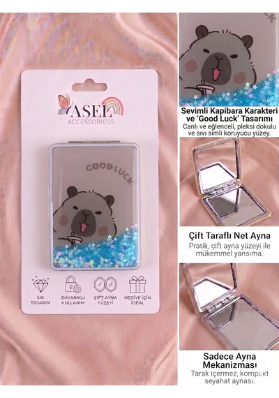 Kapibara Sıvı Simli Çift Taraflı Bir Yüzü Normal, Bir Yüzü 2x Büyüteçli Dikdörtgen Cep Aynası - 6 Farklı Model E