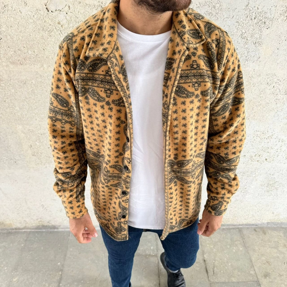 Hazego Erkek Desenli Düğmeli Polar Gömlek Hardal Paisley Desen Yakalı, Uzun Kollu, Oversize Rahat Kalıp - Sarı Sarı