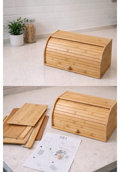 Makri Home Doğal Bambu Demonte Ekmeklik, Ekmek Kutusu, Kayar Kapaklı, Geniş Hacimli, 38 X 23 X 19 Cm Turuncu