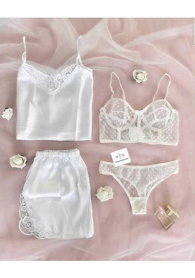 Mh Moony Homewears 4'lü Saten Beyaz Güzelliği Çeyiz Seti Beyaz