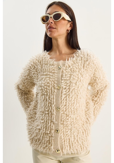 Shade Kadın Oversize Saçaklı Triko Hırka 9062 60283750 - Bej