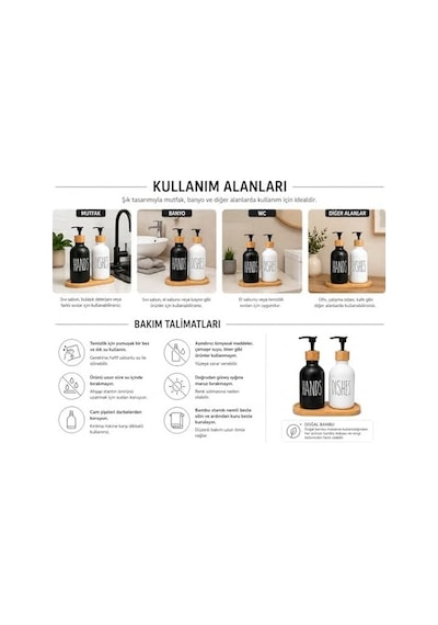2 Li Hands & Dishes Siyah Beyaz Cam Sabunluk Seti Modern Minimalist Tasarım, 500 Ml Kapasiteli, Bambu Standlı Dekoratif Mutfak & Banyo Sıvı Sabunluk Dispenser Seti 12 Izgara