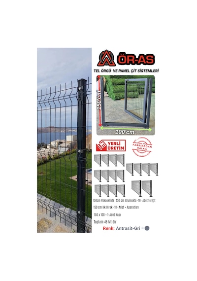 Ör-as Tel Örgü Ve Panel Çit Sistemleri Panel Çit Takım 150 Cm Yükseklik 45 Mt Uzunluk 150 X 100 Kapı-renk-antrasit Gri