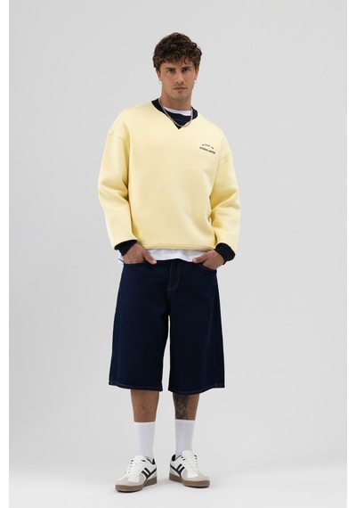 Vamos Oversize Bisiklet Yaka Baskılı Sweatshirt V70-91 Sarı