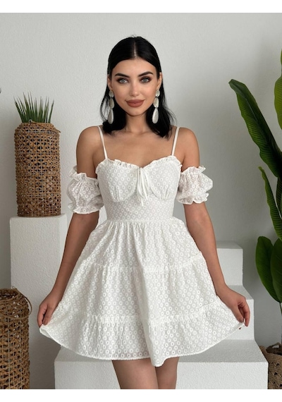 Tua Moda Lucca Kolu Lastikli Mini Elbise Beyaz