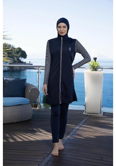 Estiva 24954 Marine Kollar Çizgili Tam Boy Tesettür Mayo Lacivert