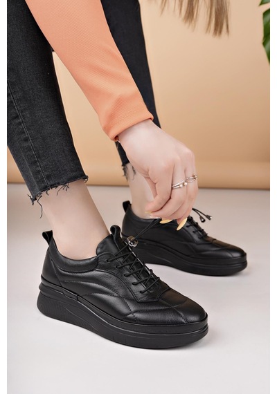 Nesilshoes Modessa 123 Siyah Lastik Bağcıklı Hakiki Soft Deri Kadın Ayakkabı