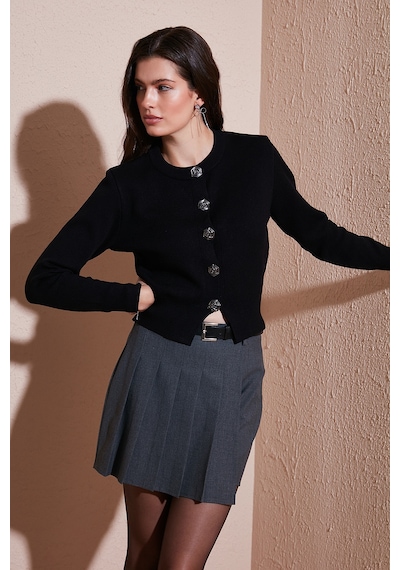 Lela Premium Regular Fit Yuvarlak Yaka Crop Triko Bayan Hırka 680Hi00110 Siyah