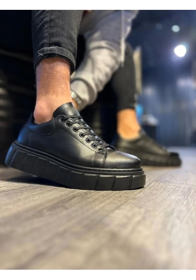 Ay Mood Jy144 Volt Bağcıklı Cilt Erkek Günlük Sneaker Yüksek Taban Ayakkabı Cst Siyah