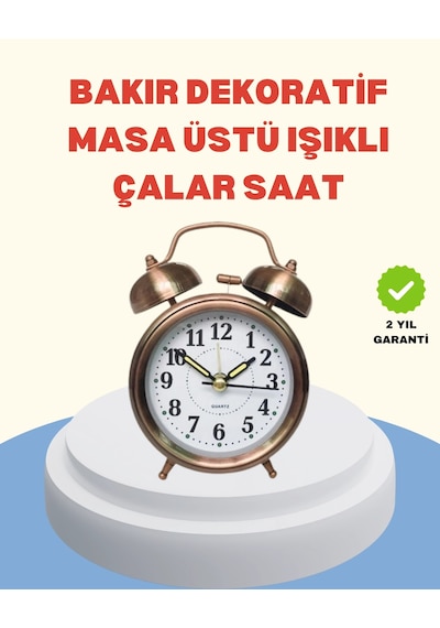 Metal Bronz Nostaljik Masa Saati Alarmlı Büyük Boy Sessiz Mekanizmalı