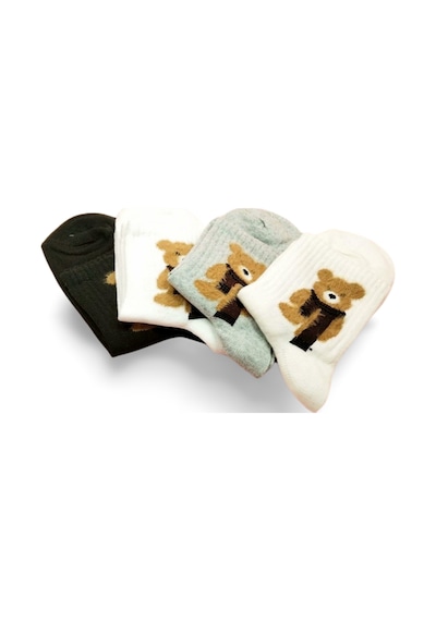 Peluş Ayıcık İşlemeli Kadın Soket Çorap 4 Çift 113 Safran Çok Renkli