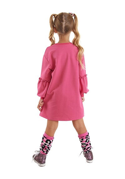 Denokids Kız Çocuk Kışlık Leopar ve Zebra Desenli Pamuklu Pembe Uzun Kollu Elbise 3-9 Yaş