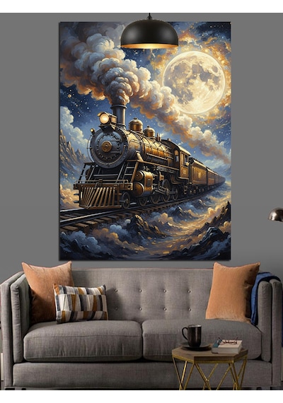 Gece,dolunay Ve Retro Kara Tren Dekoratif Kanvas - Mdf Ahşap Tablo