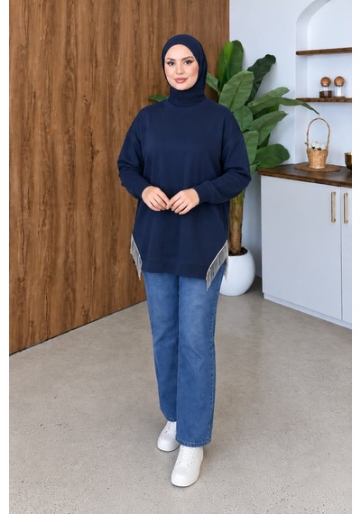 Aymiraa Kadın Püskül Detaylı Rahat Kalıp Tesettür Sweatshirt Tunik Lacivert Lacivert