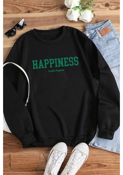 Uyguntarz Unisex Sevimli Kedi Baskılı Bisiklet Yaka Sweatshirt Siyah-1