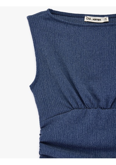 Koton Büzgülü Kayık Yaka Slim Fit Bürümcük Kolsuz Bluz Mavi 6sal30170ık
