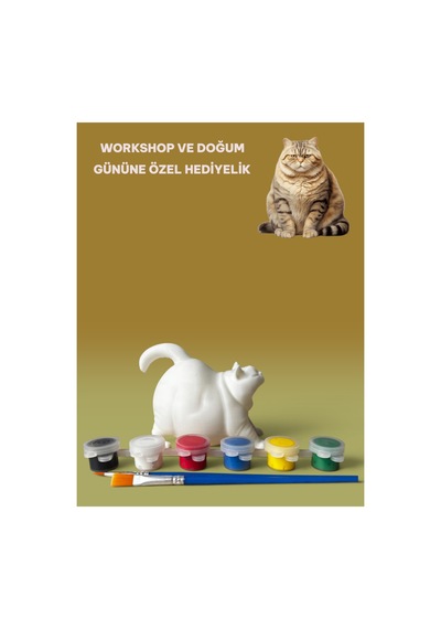 3d Tombul Kedi Figür Boyama Seti - Kendin Boya Hobi Ve Etkinlik Seti - Akrilik Boya + 2 Fırça