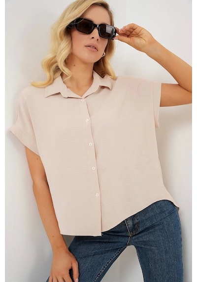Defymoda Oversize Kısa Kol Gömlek 20322 - Krem Krem