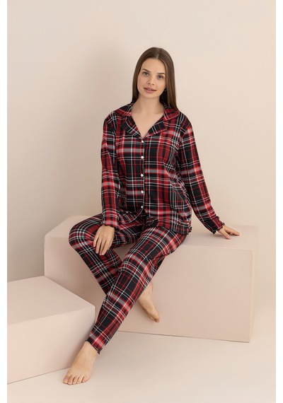 Rindahomewear Kadın Ekose Desenli Milan Örme Uzun Kol Kadın Düğmeli Pijama Takımı Kırmızı