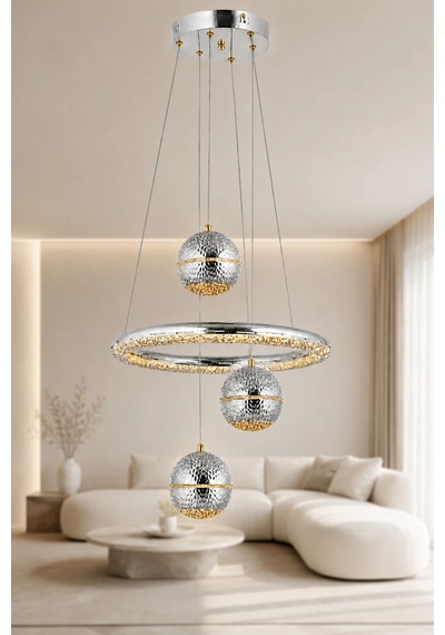 3'lü Krom Modern Premium 3 Renkli Ledli Sarkıt Avizesi Salon Mutfak Çocuk Odası Şık Modelleri 84w Beyaz