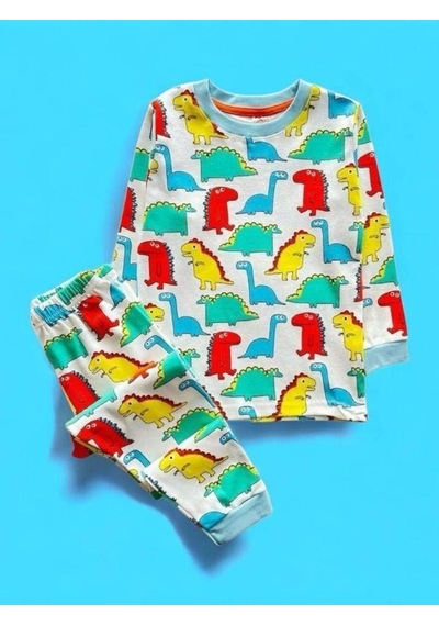 Cantoy Erkek Çocuk Pamuklu Dinazor Baskılı Pijama-15271 Beyaz