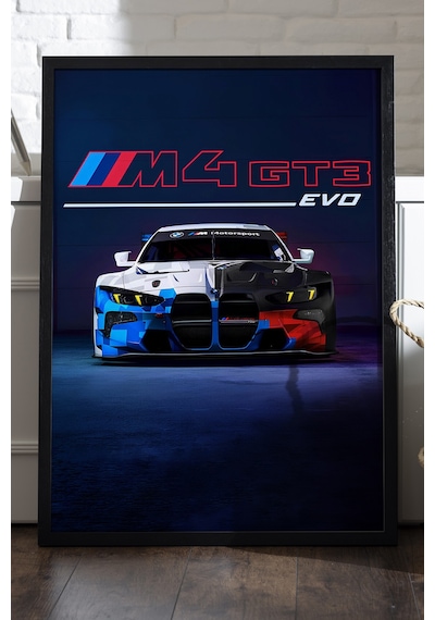 Bmw M4 Gt3 Evo Siyah Ahşap Çerçeveli Poster, Dekoratif Araba Duvar Tablosu