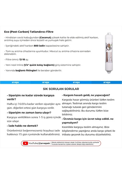 Su Arıtma Cihazı Coconut Eco Post Carbon Tatlandırıcı Filtre 25 A