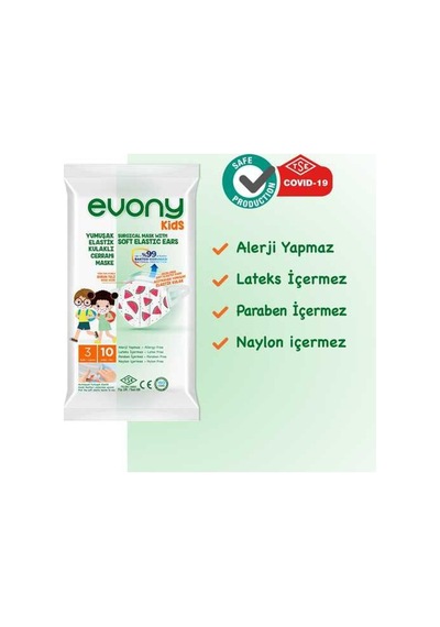 Evony Yumuşak Elastik Kulaklı 3 Katlı Telli Cerrahi Maske Kids Çocuk 10'lu X 16 Adet