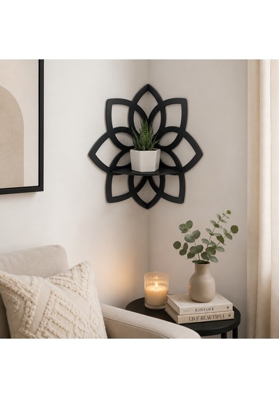Lotus Çiçeği Köşe Duvar Rafı Dekoratif Mdf Saksılık Ve Kitaplık 25x25 6 Mm