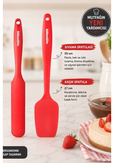 2 Li Pasta Spatula Seti, Silikon Yanmaz Yapışmaz Kaşık Spatula Ve Krema Sos Çikolata Sıvama Bıçağı Kırmızı