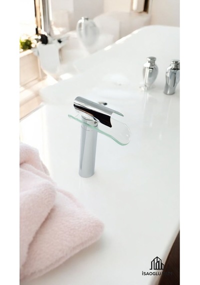 İsaoğlu Yapı Gümüş Çanak Lavabo Bataryası Glass Design Çanak Musluk Yüksek Model Krom Gümüş