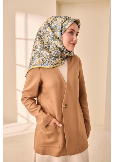 Silk Home Twill İpek Eşarp 11477-13 Ekru, Mavi, Yağ Yeşili, Asit Yeşili, Koyu Yeşili