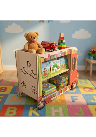 Montessori Dekoratif Çocuk Odası Kitaplığı Ve Tekerlekli Oyuncak Kutusu Kamyonu Kırmızı Montessori Dekoratif Çocuk Odası Kitaplığı Ve Tekerlekli Oyuncak Kutusu Kamyonu Kırmızı