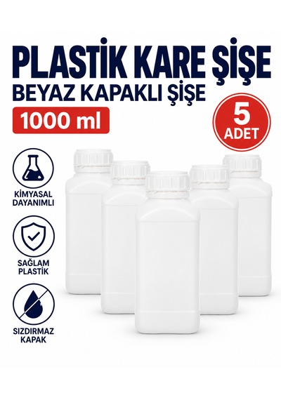 Plastik Kare Şişe 1000 Ml - Beyaz Kapaklı Şişe 5 Adet