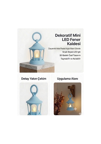 Dekoratif Fener Mini Kaide Led Mumlu Modern Masaüstü Aydınlatma - Otantik Ortam Aydınlatması - Açık Mavi Turkuaz-açık Mavi
