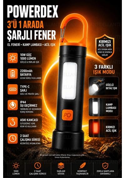 3'ü 1 Arada Şarjlı Fener El Feneri, Kamp Lambası Ve Acil Durum Işığı Çok Renkli