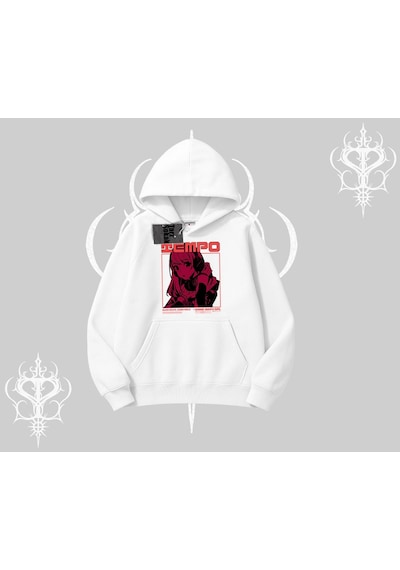 Startmore Kapşonlu Sweatshirt Anime Waifu Kırmızı Grafik Desenli Beyaz