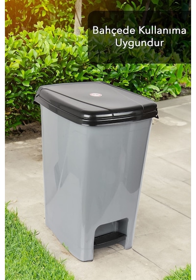 Pedallı Gri Banyo Mutfak Çöp Kovası Siyah Kapaklı Slim Pedallı Çöp Kovası 40 Litre Gri