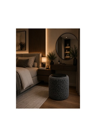 Premium Ahşap Üstlü Yuvarlak Bukle Puf Modern Antrasit - 878843025 Antrasit