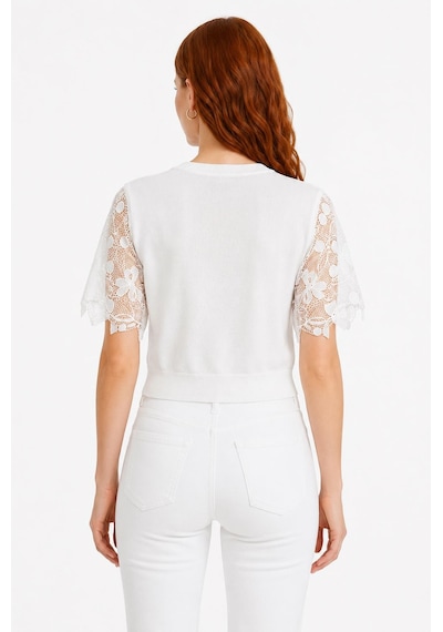 Neden Tekstil Kadın Beyaz Dantel Detaylı Kısa Kollu T-shirt
