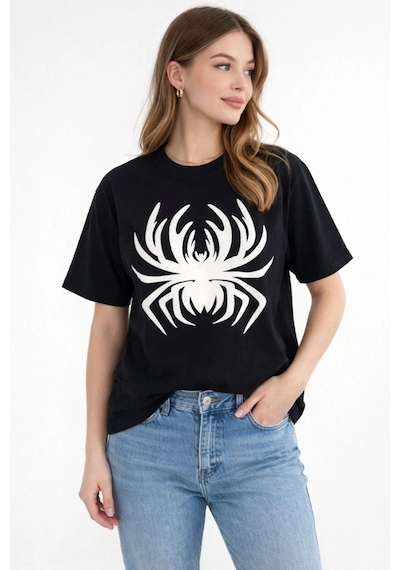 Wear Vexel Kadın Örümcek Baskılı Tişört Kısa Kollu Bisiklet Yaka T-shirt - Siyah Çok Renkli Wear Vexel Kadın Örümcek Baskılı Tişört Kısa Kollu Bisiklet Yaka T-shirt - Siyah Çok Renkli