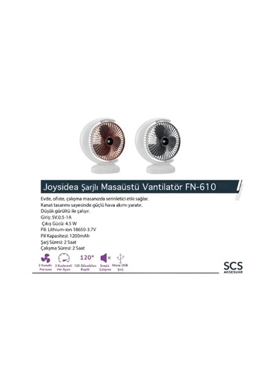 Joysidea FN-610 3 Kanatlı Şarjlı Masaüstü Vantilatör