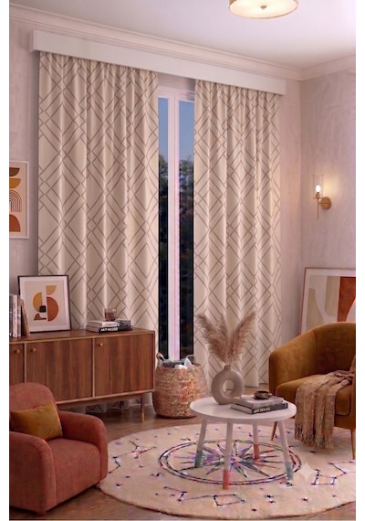 Modern Geometrik Desenli Fon Perdesi 100 X 250 Cm 1 Kanat Dekoratif Dijital Baskılı Premium Salon Oturma Odası Yatak Odası Pencere Perdesi Bej